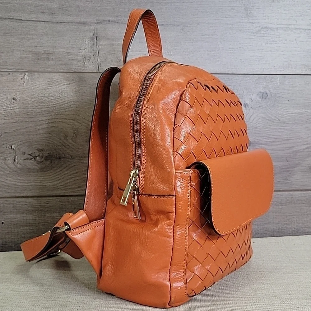 Anna Paola Orange Woven Leather Backpack Shoulder Bag